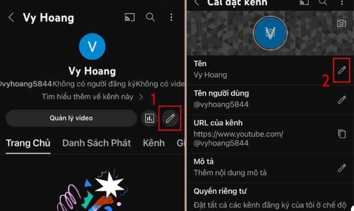 Nhấn vào biểu tượng cây bút bên dưới tài khoản và tiếp tục nhấn vào biểu tượng cây bút ở mục Tên