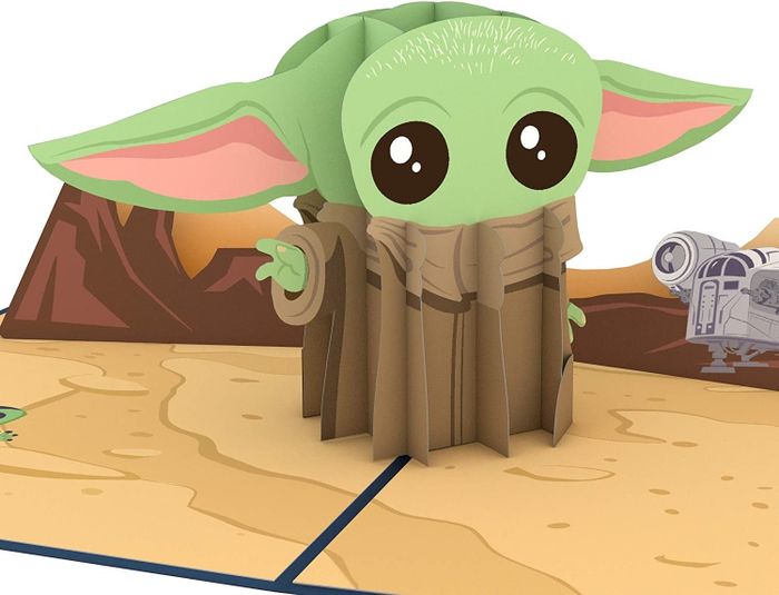 Card opened to reveal a Baby Yoda design, set against a desert backdrop