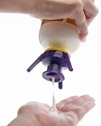 hands pressing product from the pop-top, which features three prongs to keep the bottle balanced upside-down