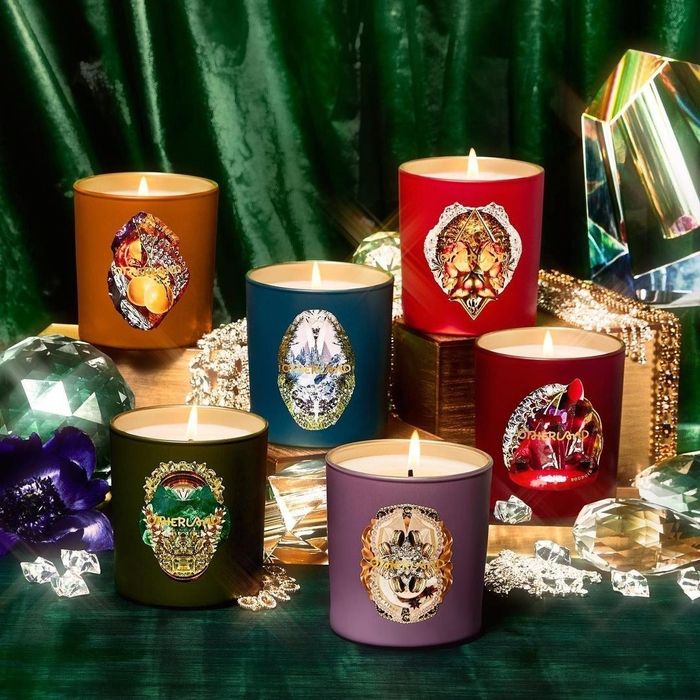 Six candles in rich jewel-toned hues