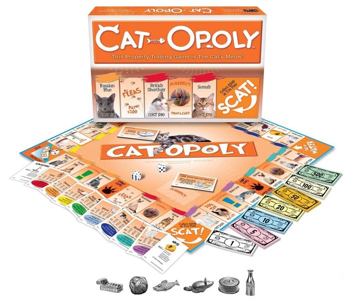 A cat-themed Monopoly set, featuring cat-related properties and charming feline figurines