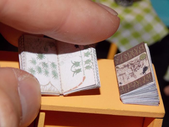 fingers holding a tiny book featuring a leaf illustration inside