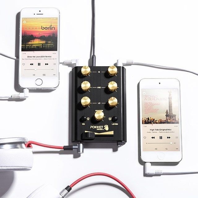 The pocket mixer with cell phones plugged into it.