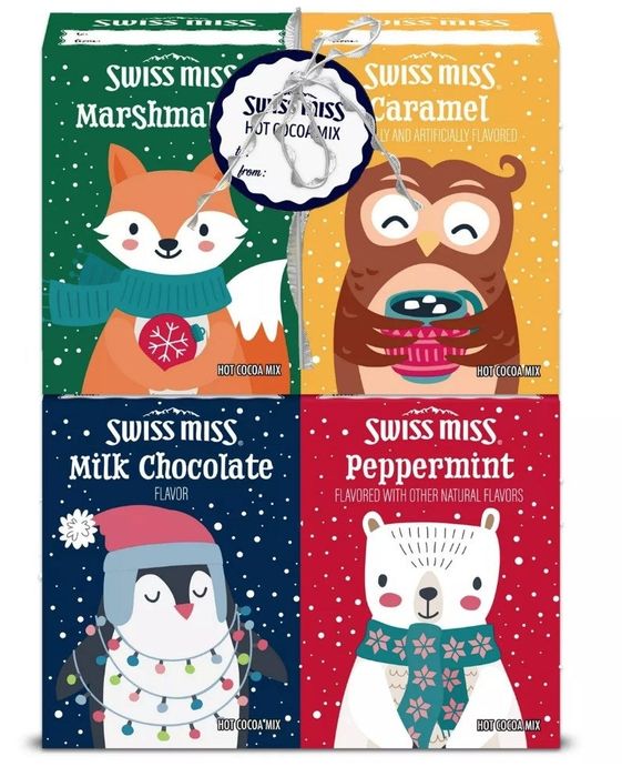 A 4-piece hot cocoa set featuring marshmallow, milk chocolate, peppermint, and caramel flavors