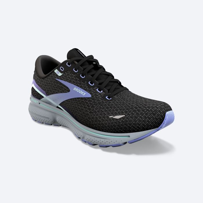 Brooks Ghost 15 running shoes in black and lilac.