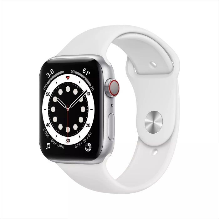 The Apple Watch featuring a rectangular display on a white strap