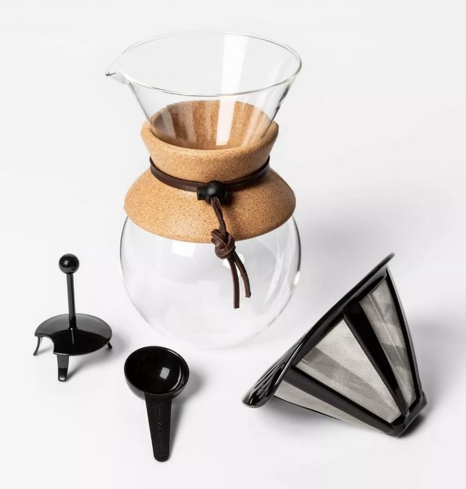A glass pour-over coffee carafe