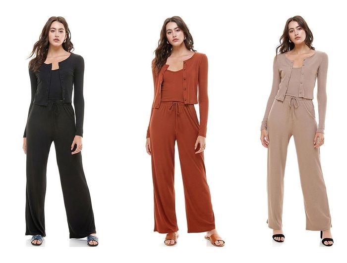 a model sporting the black, burnt orange, and taupe three-piece ensemble, complete with cardigan, tank top, and pants