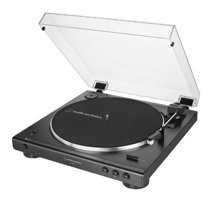 A sleek black turntable