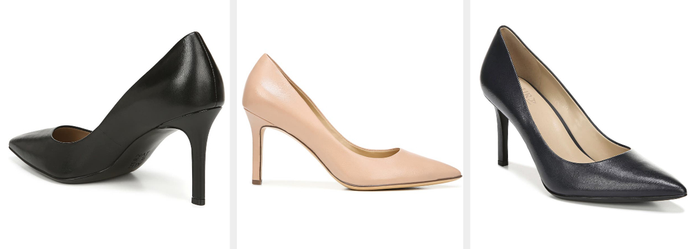 Three images of heels in black, beige, and navy colors.