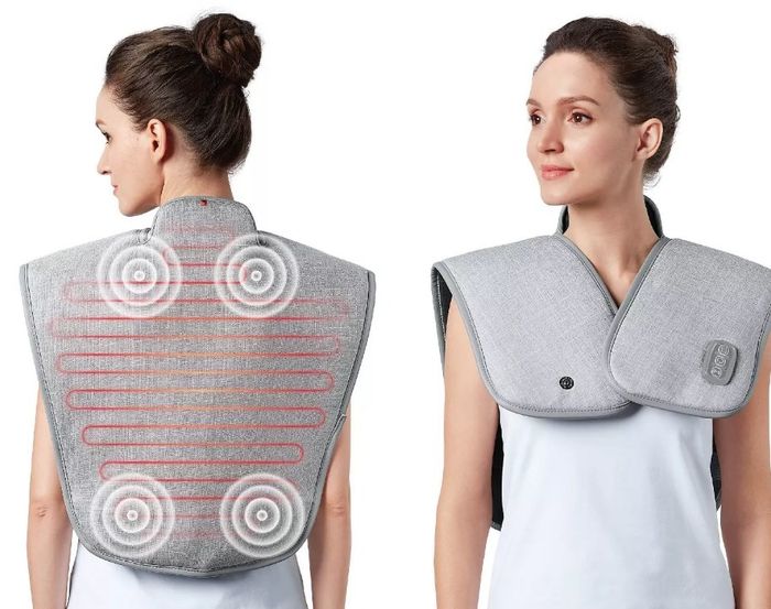 A model demonstrating a grey wrap-around heated neck massager