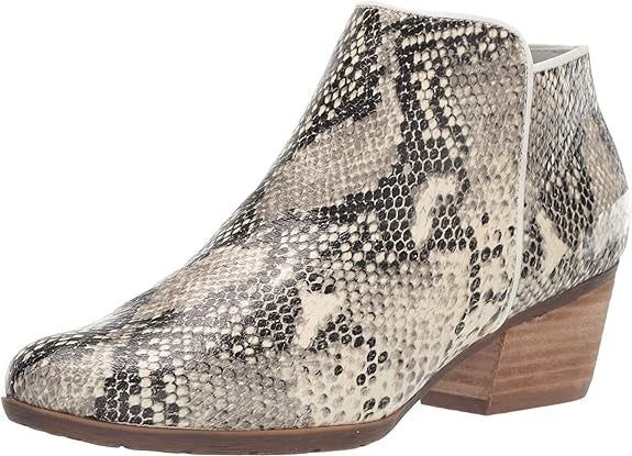 An ankle boot featuring a snakeskin pattern and a small heel.
