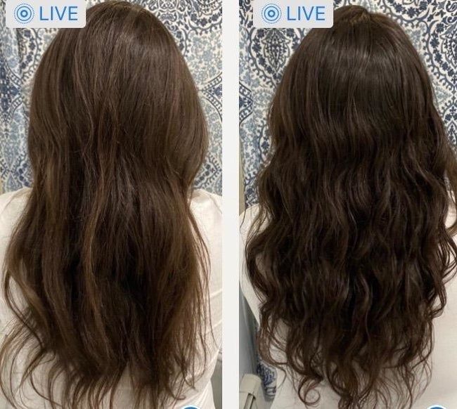 A reviewer's hair with subtle highlights next to a photo showing their hair looking a deeper brown
