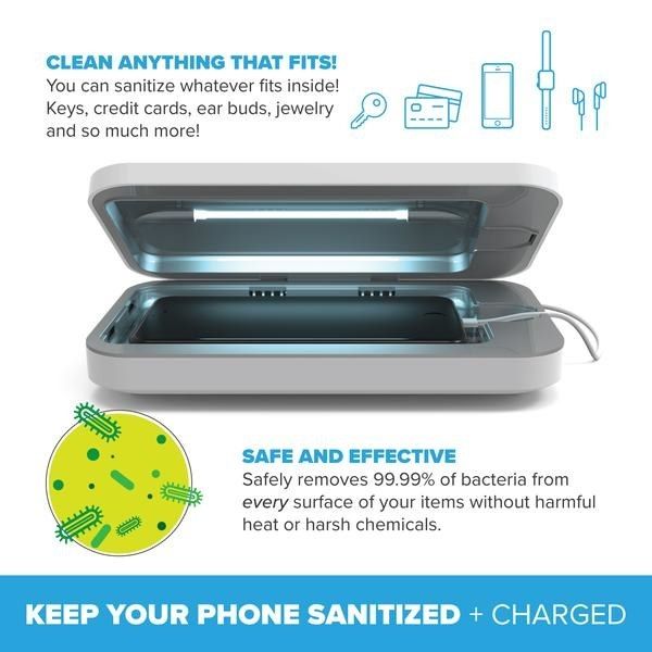 An infographic illustrating how the machine operates and showing that it can sanitize anything that fits inside, from keys and credit cards to ear buds and more