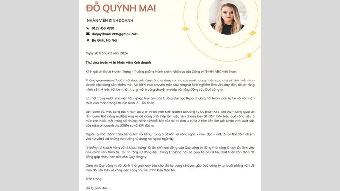 Gợi ý mẫu Cover Letter bằng tiếng Việt mẫu 2 (Hình minh họa)
