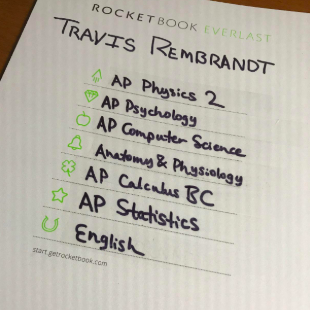 A reviewer's notebook, with each symbol paired with the school subject they've written next to it.