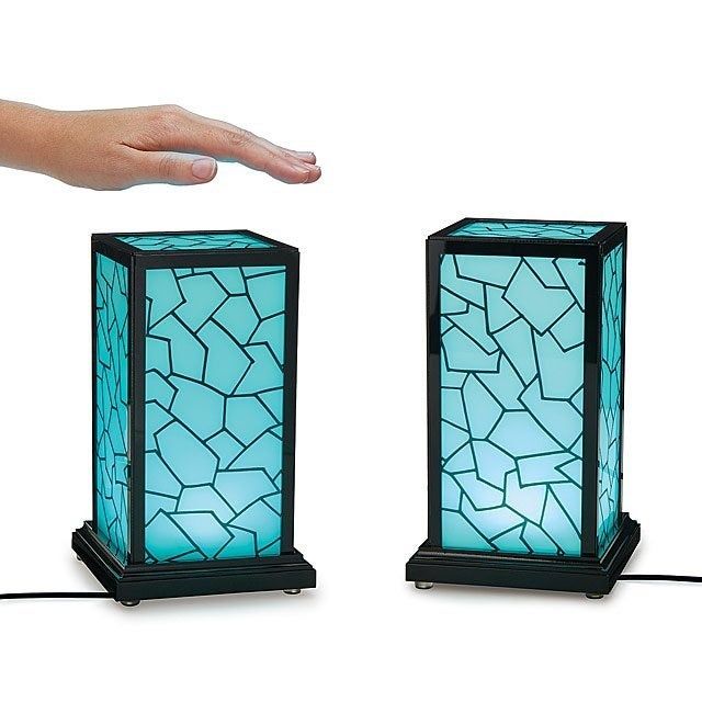 Rectangular lamps with a stained glass design featuring geometric patterns.
