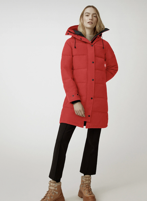 Model sporting a bright red parka.