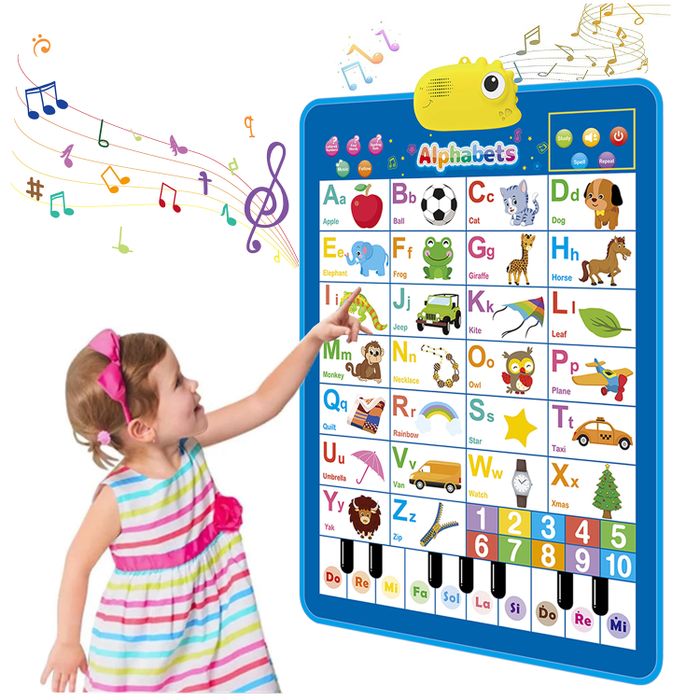 A girl pressing buttons on an interactive electronic poster