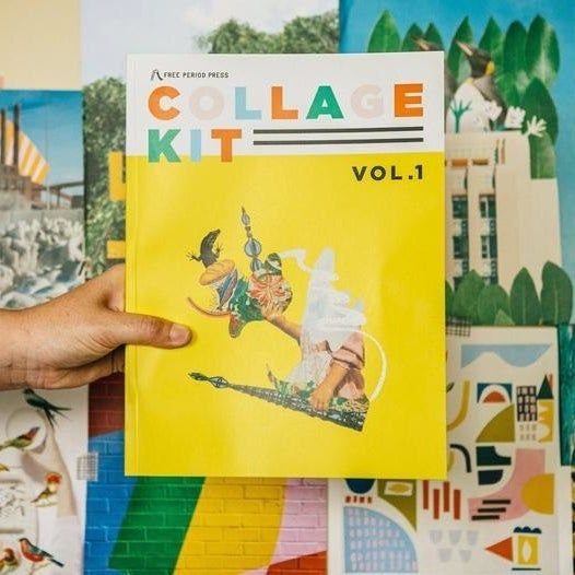 A hand holding the cover of the collage kit magazine, ready to dive into creativity.