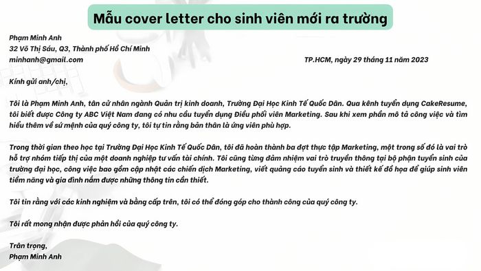 Mẫu Cover Letter cho sinh viên mới ra trường mẫu 1 (Hình minh họa)