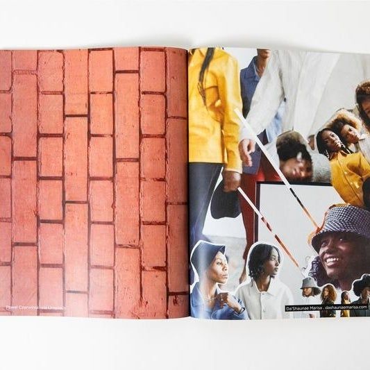 Two pages featuring a brick pattern alongside a collage of people’s photos, blending art and creativity.