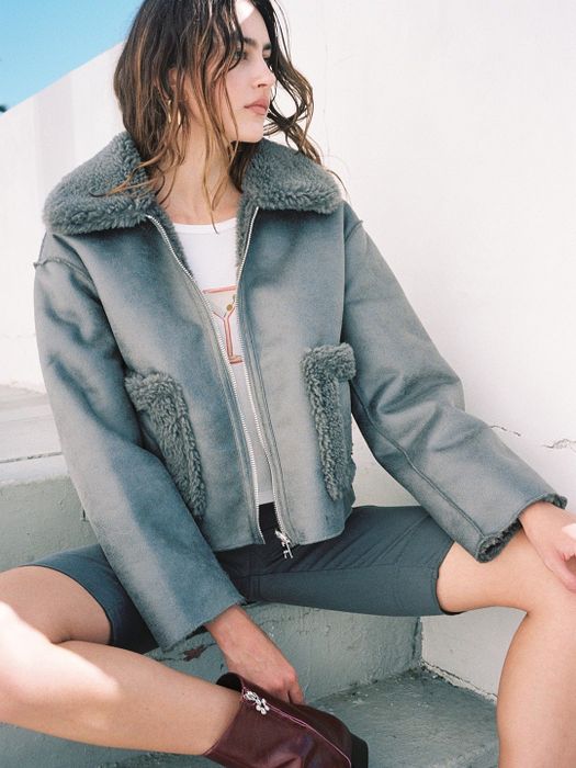 A gray moto jacket lined with plush shearling