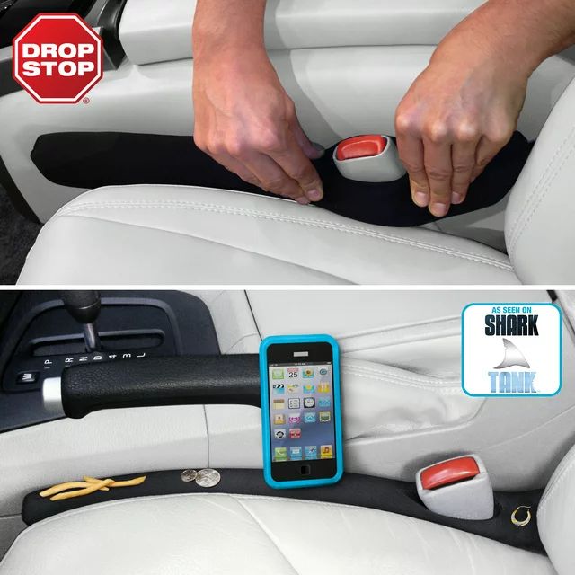Person installing a Drop Stop gap filler beside the vehicle console to block seat gaps.