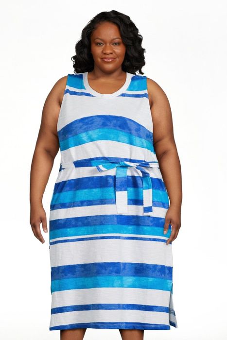 Model wearing the blue and white striped dress