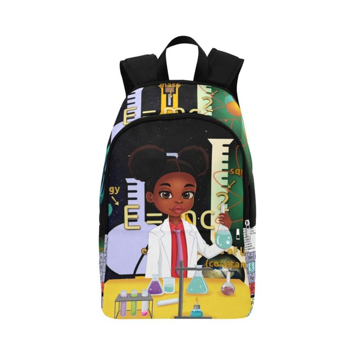 A backpack with a dark brown-skinned girl wearing a lab coat, standing in a lab surrounded by beakers and scientific equipment.