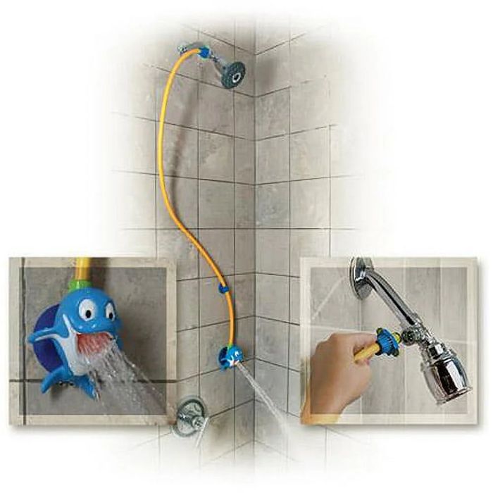 The dolphin showerhead in action, making bath time more enjoyable for children.