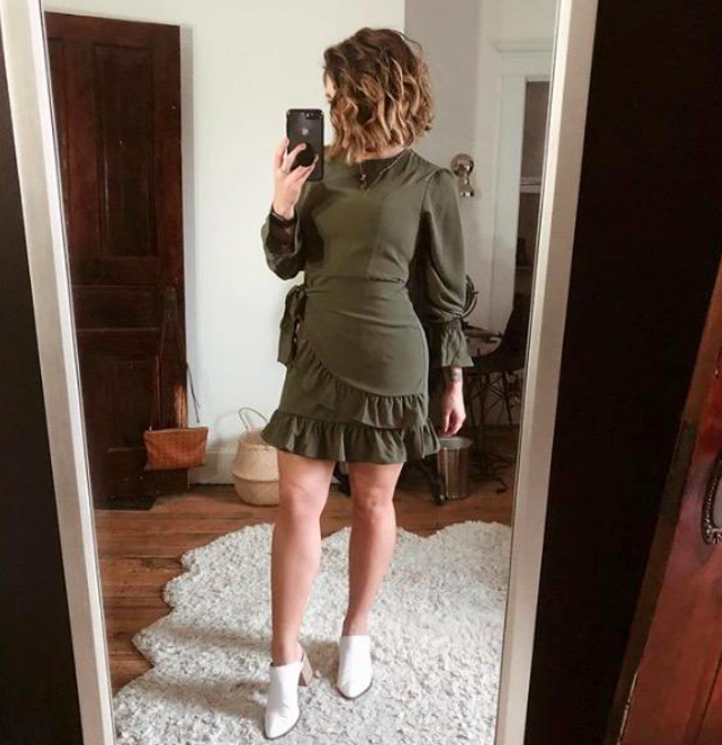 A customer review photo of them rocking the dress in army green.