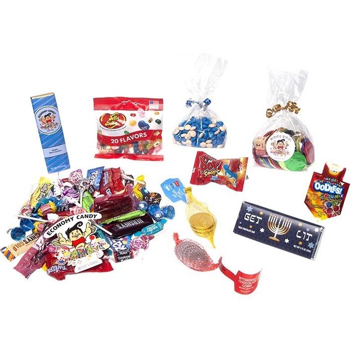 A large assortment of small candies, gelt, a Hanukkah-themed chocolate bar, jelly beans, and more.