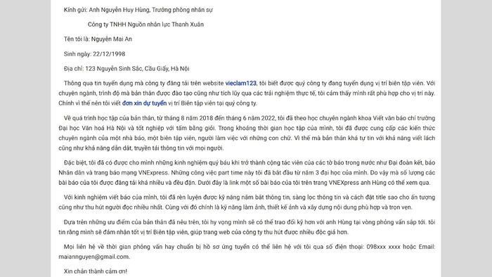 Mẫu Cover Letter cho sinh viên mới ra trường mẫu 2 (Hình minh họa)