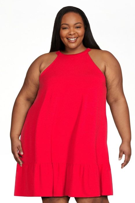 Model wearing the rock n red dress