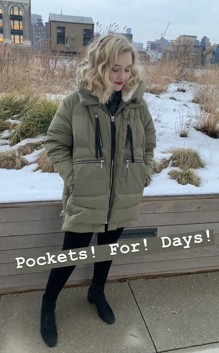 Mytour editor showcasing a long green parka with a fur-lined hood, captioned 'pockets for days'