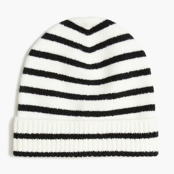 A beanie featuring black and white stripes