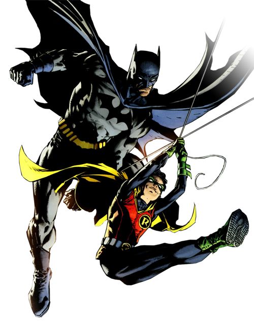 Batman and Robin soar through the air in dynamic poses, clad in their classic superhero suits with flowing capes