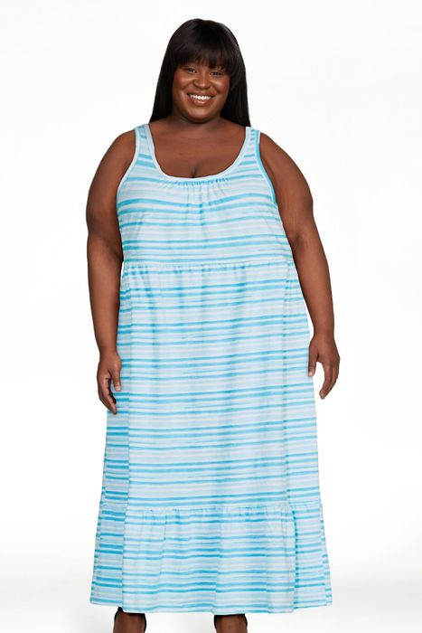 Model wearing the aqua stripe dress