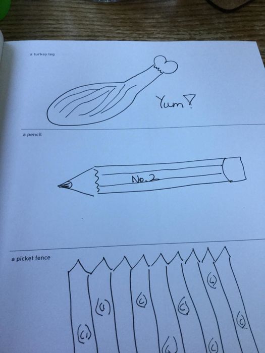 Reviewer's sketches for the prompts: a turkey leg, a pencil, and a picket fence