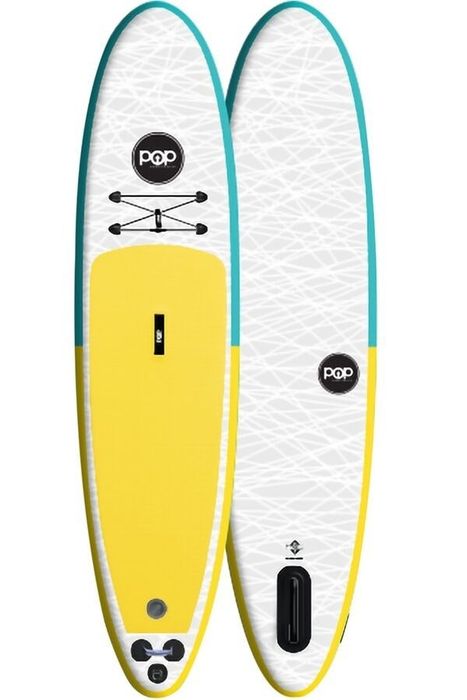 Front and back view of a vibrant multi-colored paddleboard.