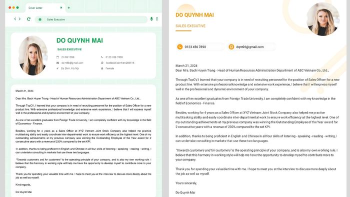 Gợi ý mẫu Cover Letter bằng tiếng Anh mẫu 1 (Hình minh họa)
