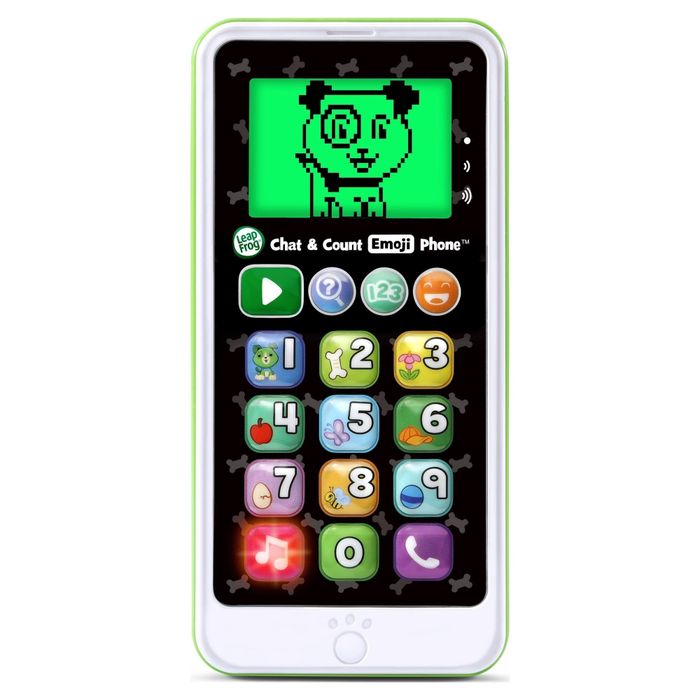 Close-up of the same toy phone with a vibrant, colorful screen
