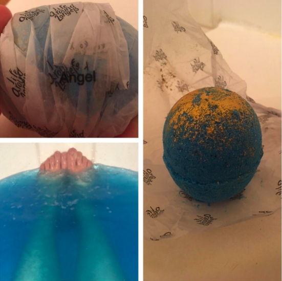 A reviewer's set of three images: one with a wrapped blue bath bomb, one with it unwrapped, and the third with their feet in a tub, with the water turning a bright blue.