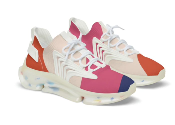 Sneakers in vibrant shades of pink, orange, and blue.