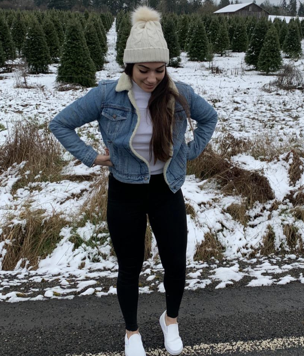 A reviewer sporting the Levi's denim jacket