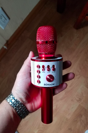 A reviewer’s hand holding a red mic with buttons placed around the center.