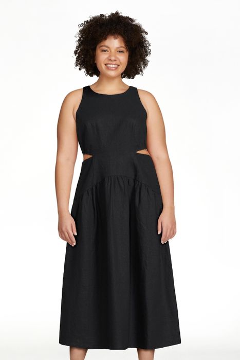 Model wearing the black dress