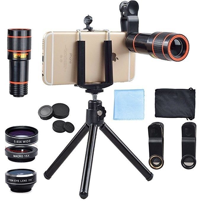 The lens kit, with a phone mounted on the stand and the long lens attached, ready for use.