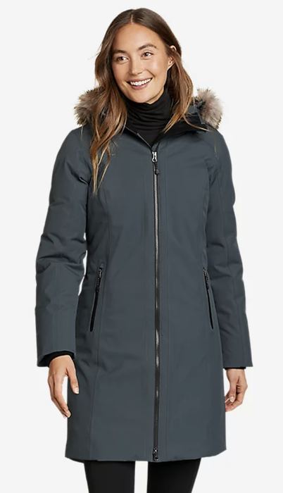 Model sporting a mid-thigh, dark blue insulated coat